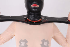 The handcuffs around the neck are mirrored Neck-Wrist Spreader Pillory Yoke Restraint BDSM