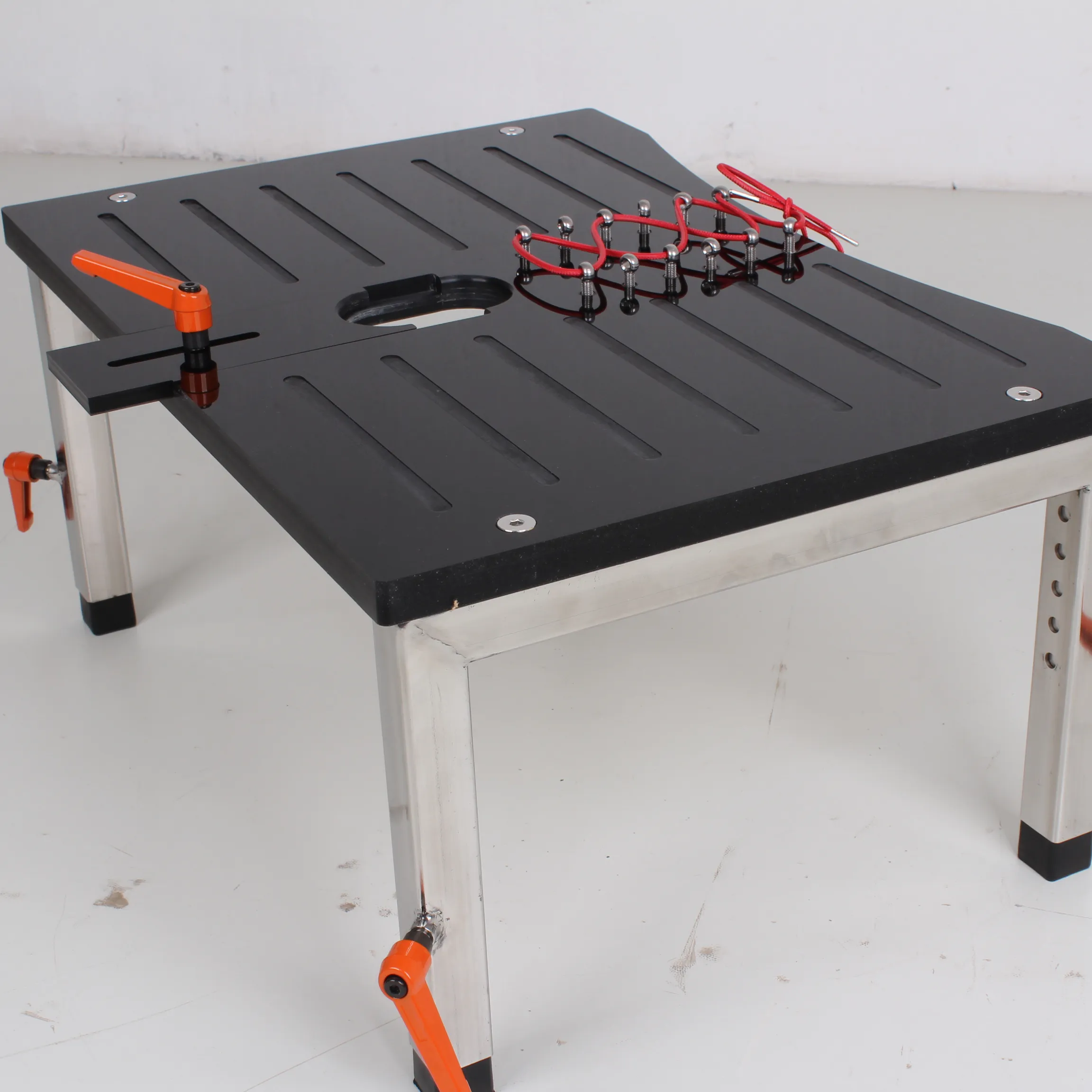 Adjustable desktop adult accessory mounting stand with acrylic tabletop and stainless steel frame